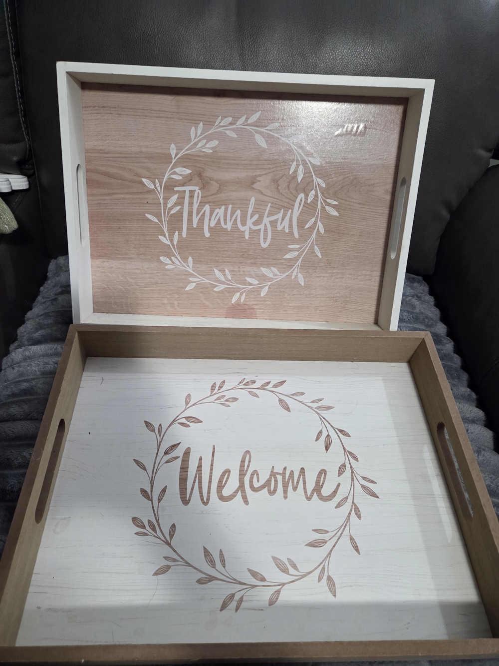 Rustic 'Welcome' and 'Thankful' Wood Serving Trays - Two-Piece Set